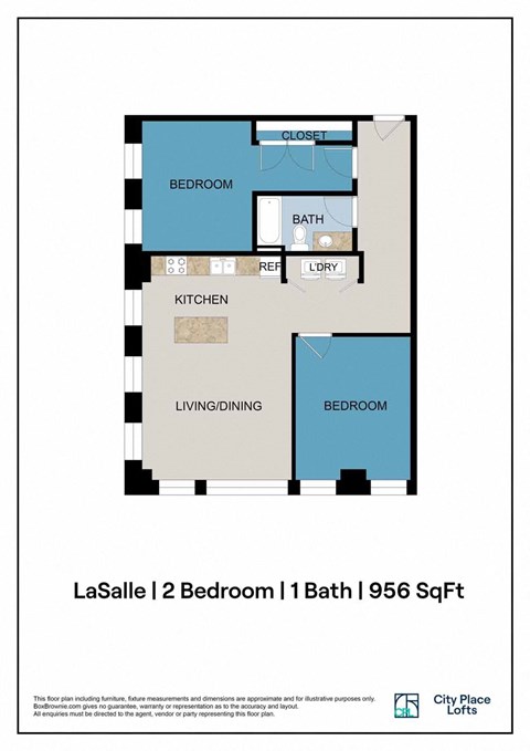 Floor plan for 2 beds, 1 bath, 956 sqft